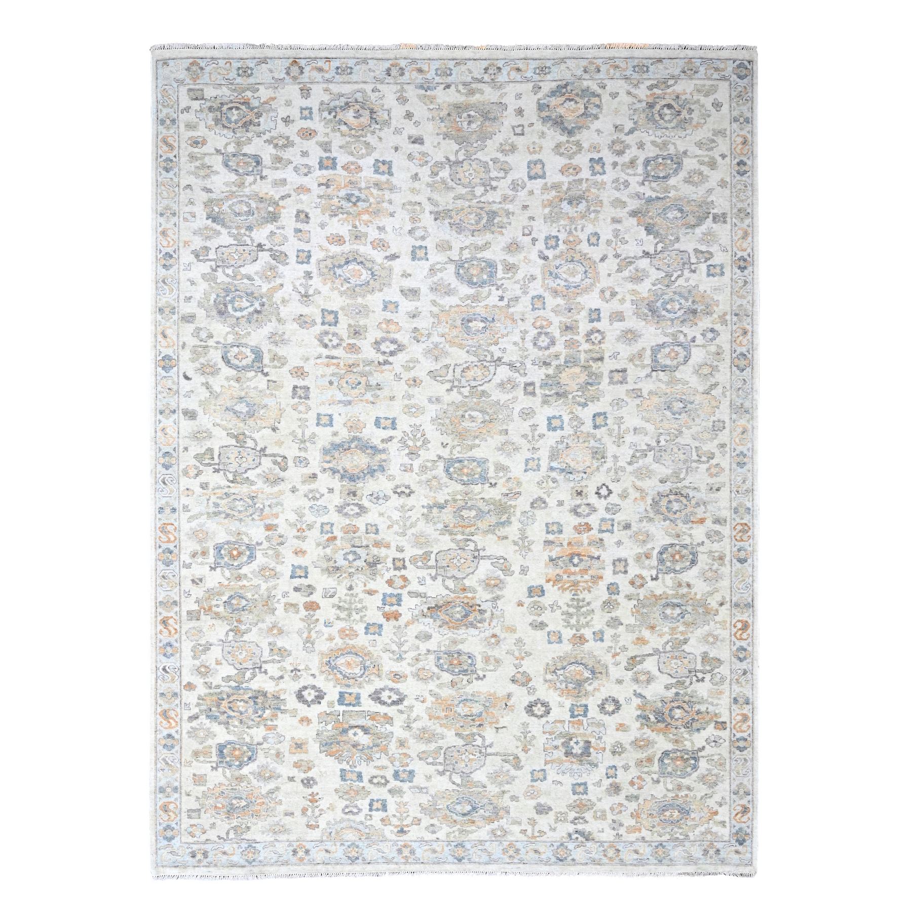Chiffon White, Antiqued Persian with Ziegler Mahal Design, Distressed, Zero Pile, Shaved Low, Oxidized, Pure Wool, Hand Knotted, Oriental Rug